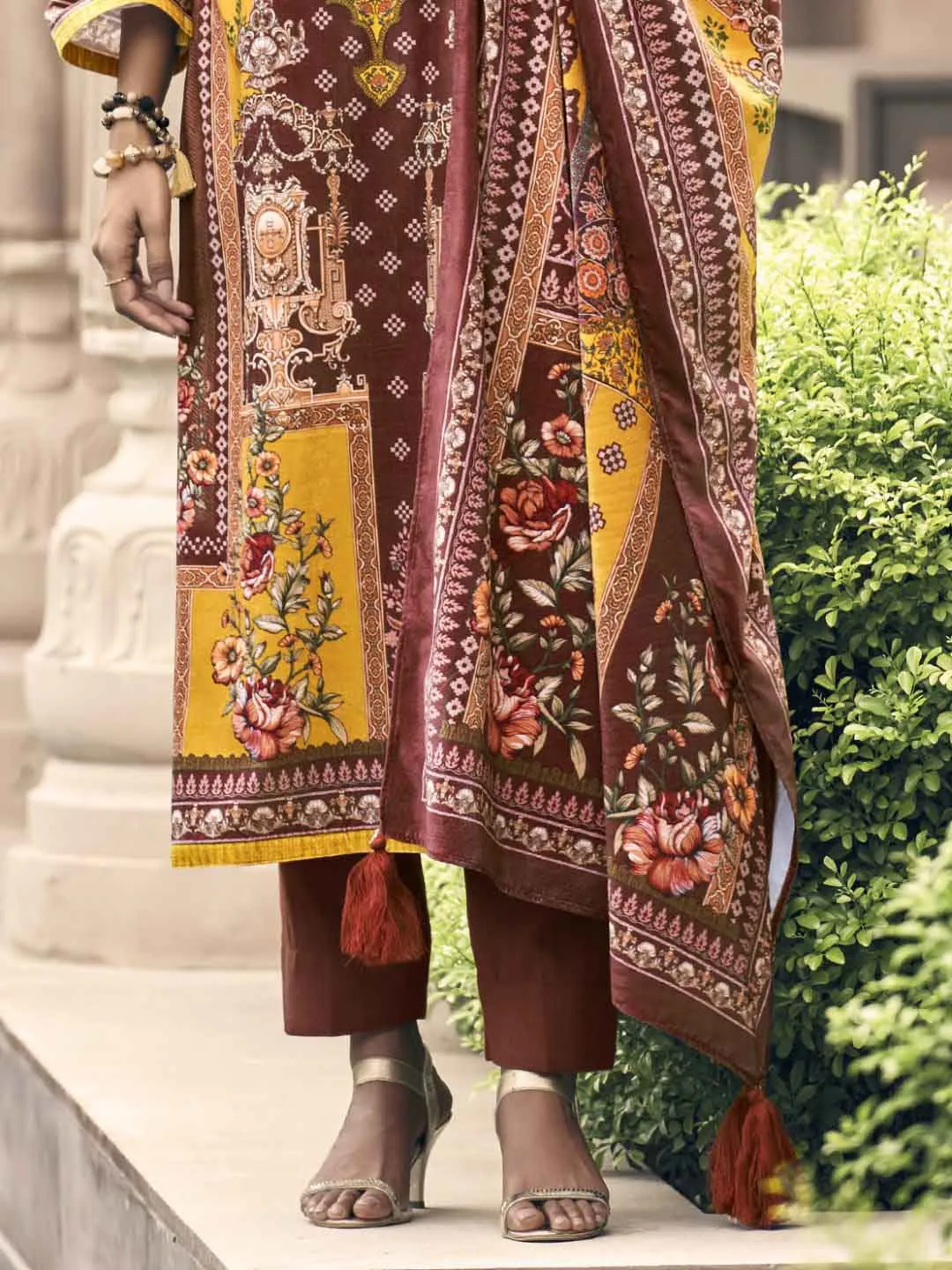 Unstitched Silk Velvet Yellow Pakistani Print Winter Suit