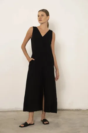 V-Neck Slit Raw Linen Dress black