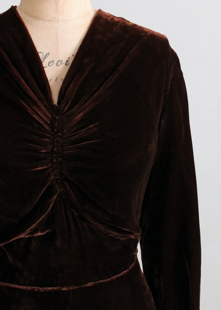 Vintage Late 1930s Classic Brown Velvet Dress