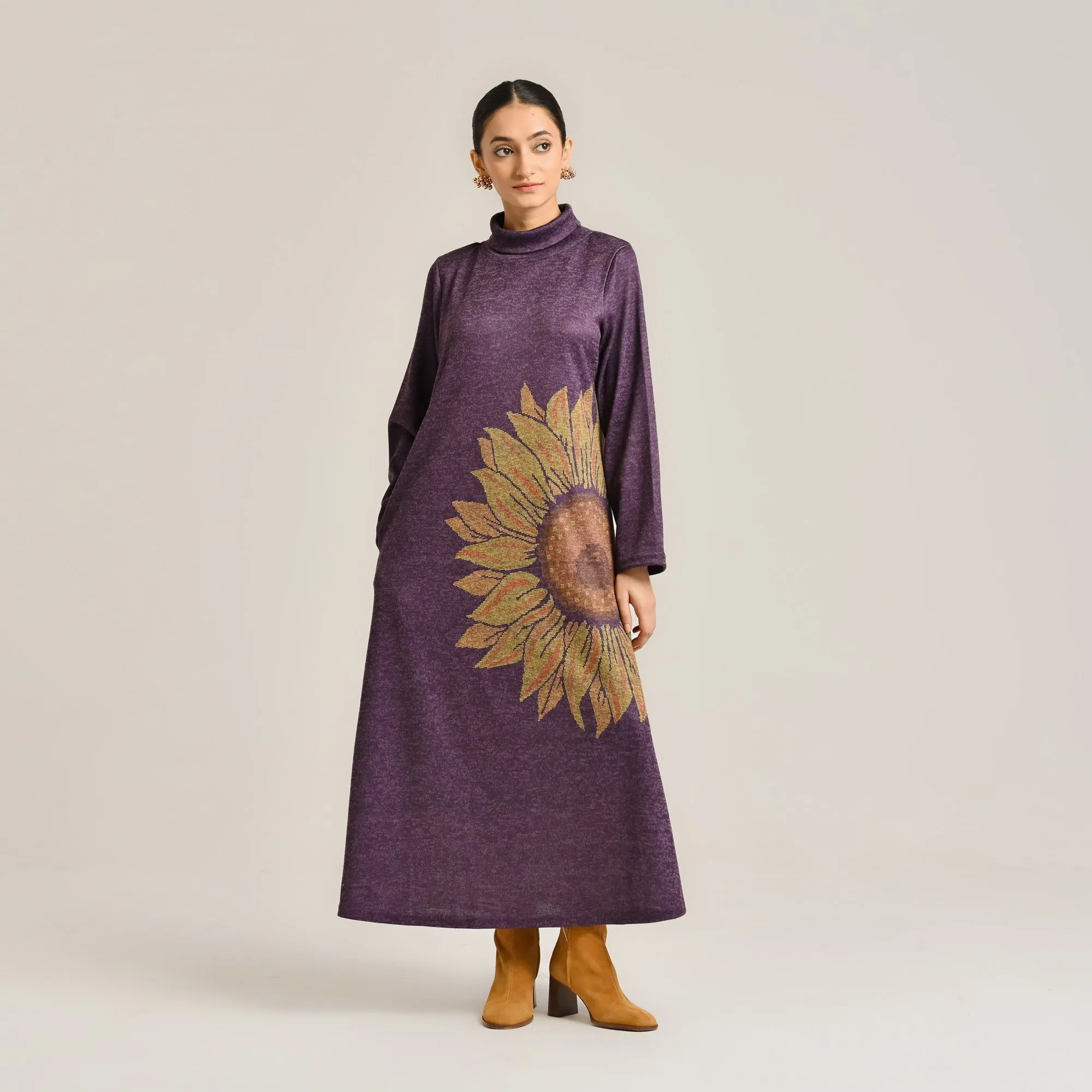 Violet Sunflower Statement Woollen Winter Dress