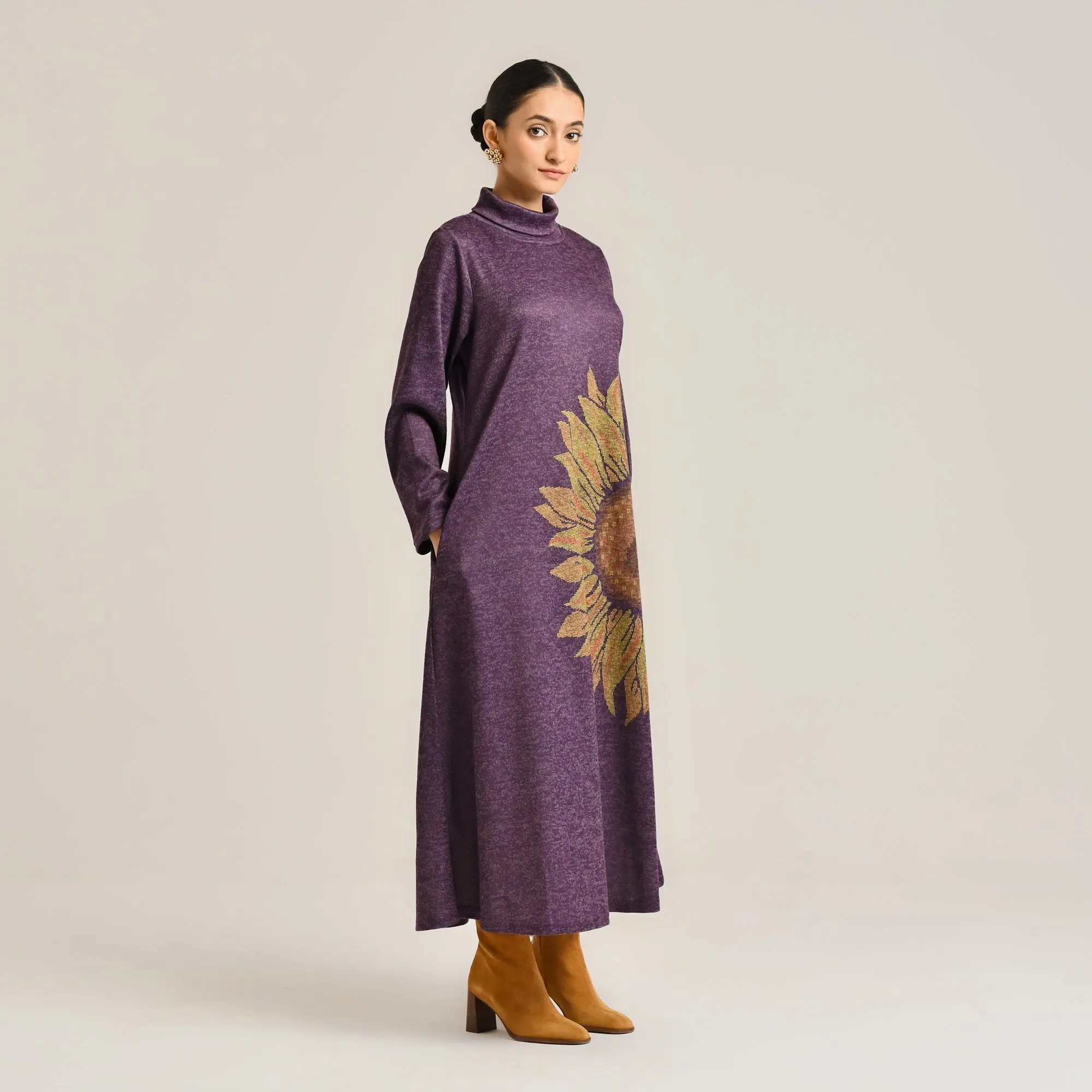 Violet Sunflower Statement Woollen Winter Dress