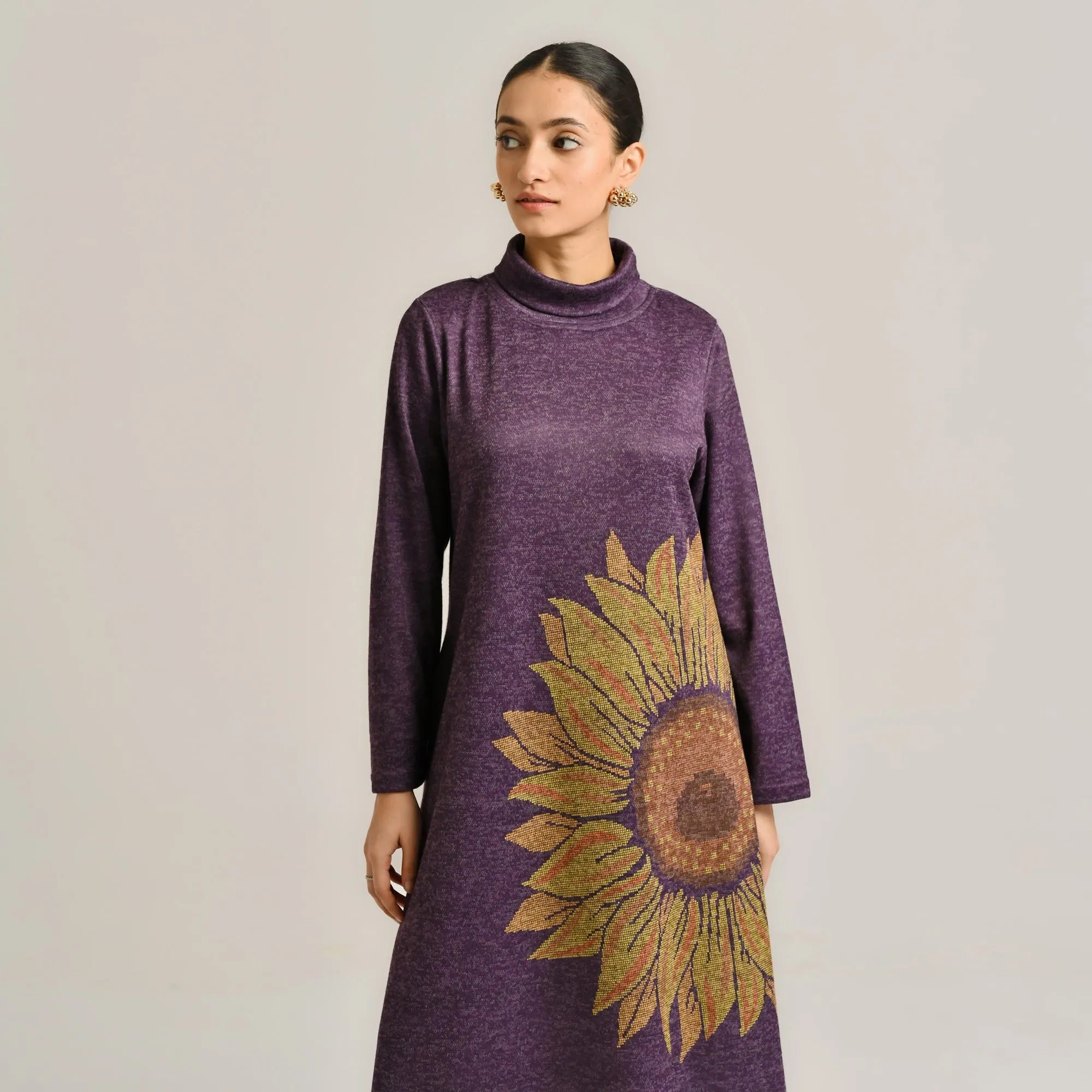 Violet Sunflower Statement Woollen Winter Dress