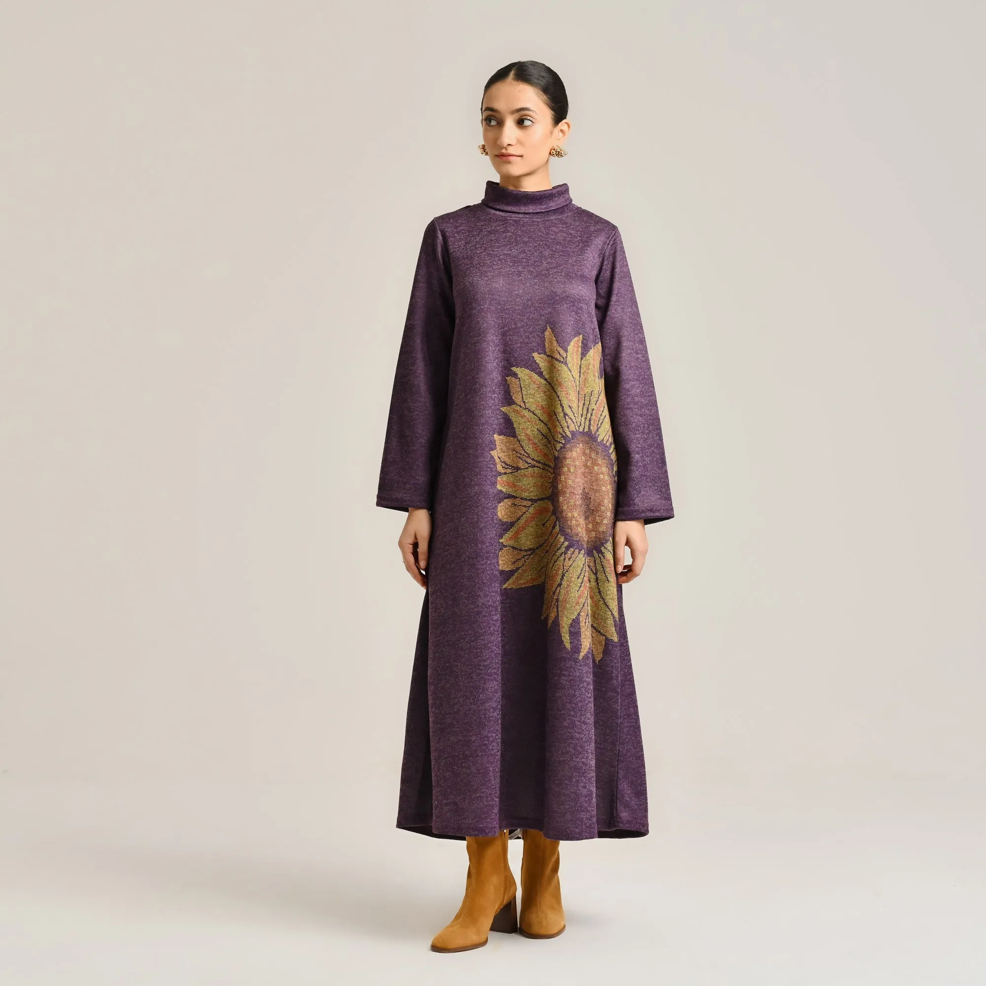 Violet Sunflower Statement Woollen Winter Dress