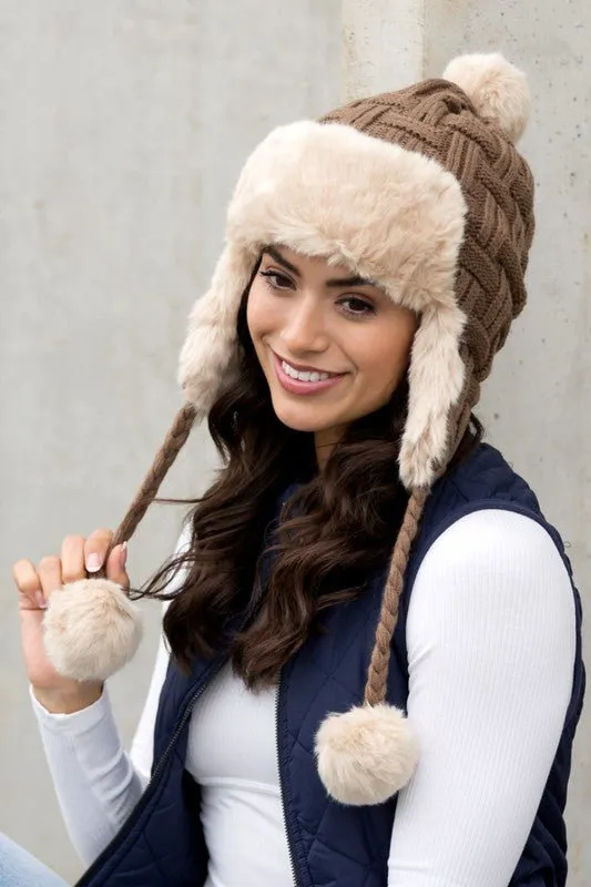 Weaved Pom Cable Knit Trapper Hat