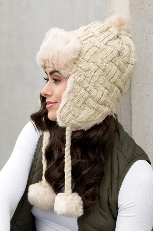 Weaved Pom Cable Knit Trapper Hat