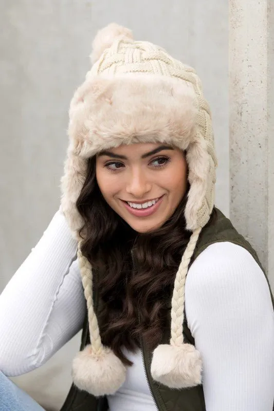 Weaved Pom Cable Knit Trapper Hat