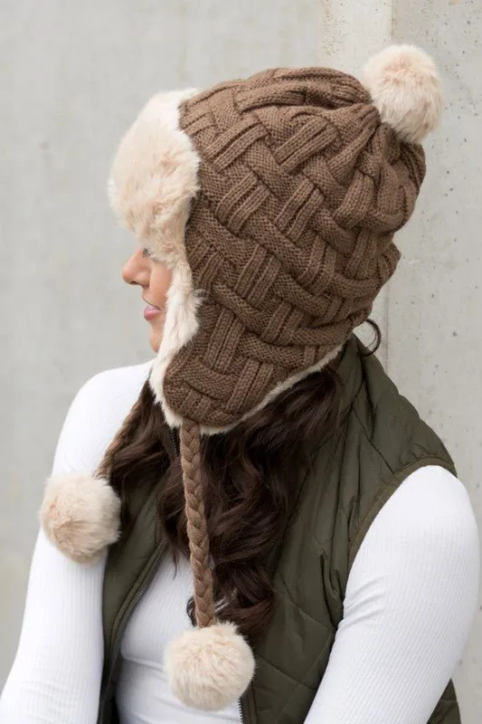 Weaved Pom Cable Knit Trapper Hat