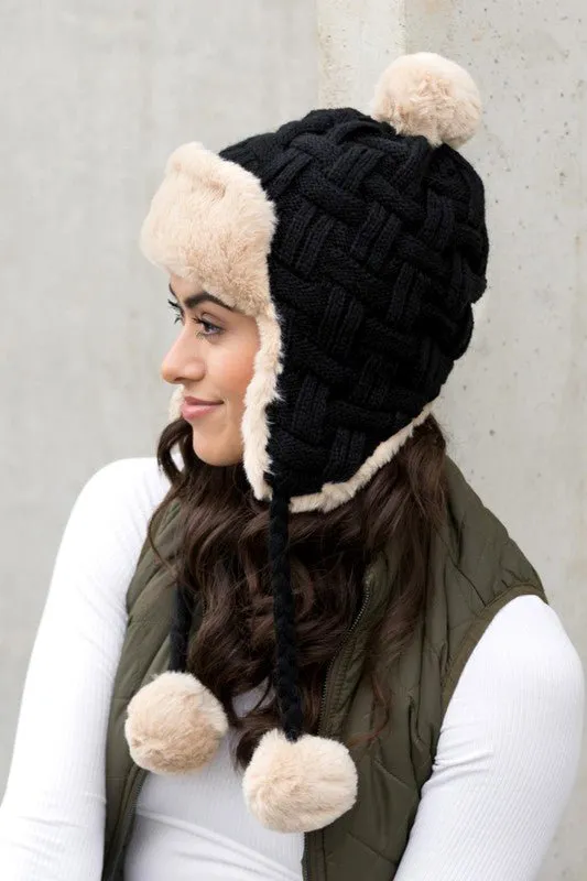 Weaved Pom Cable Knit Trapper Hat