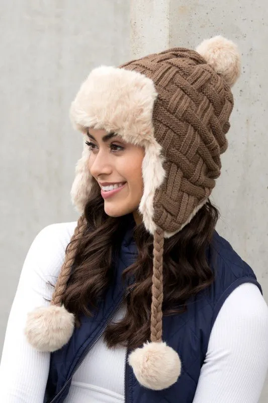 Weaved Pom Cable Knit Trapper Hat