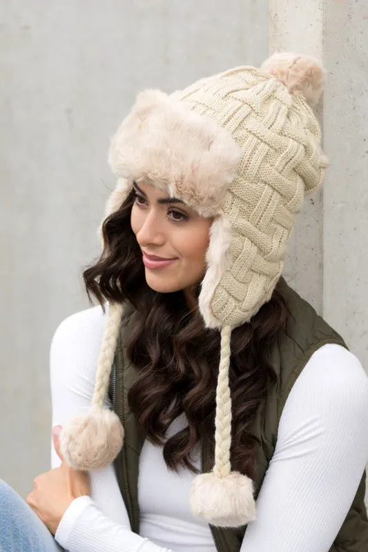 Weaved Pom Cable Knit Trapper Hat