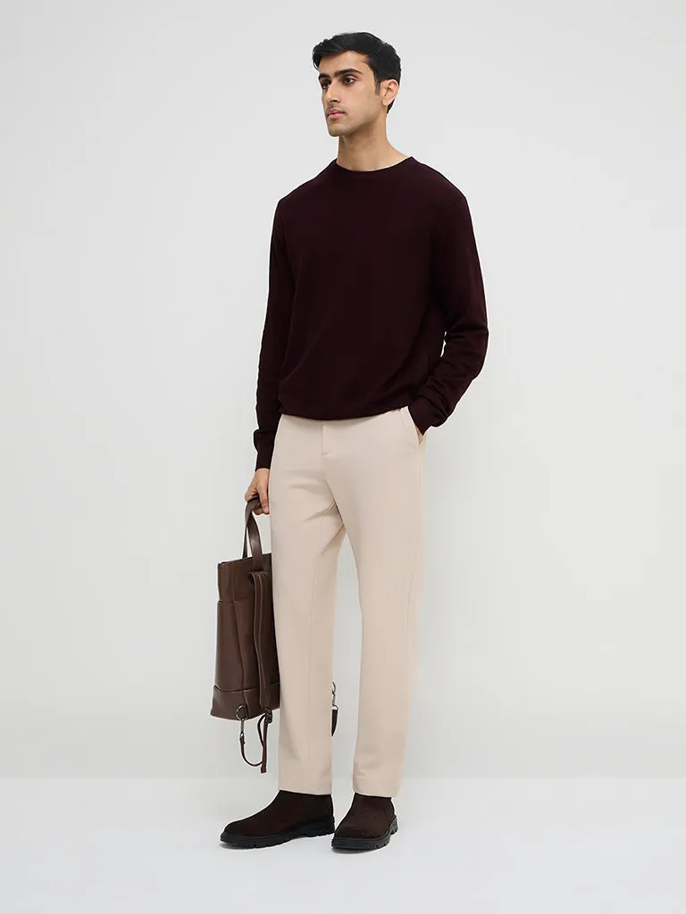 WES Formals Wine Solid Slim Fit Sweater