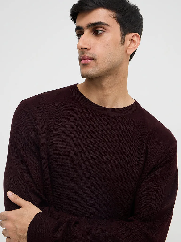 WES Formals Wine Solid Slim Fit Sweater