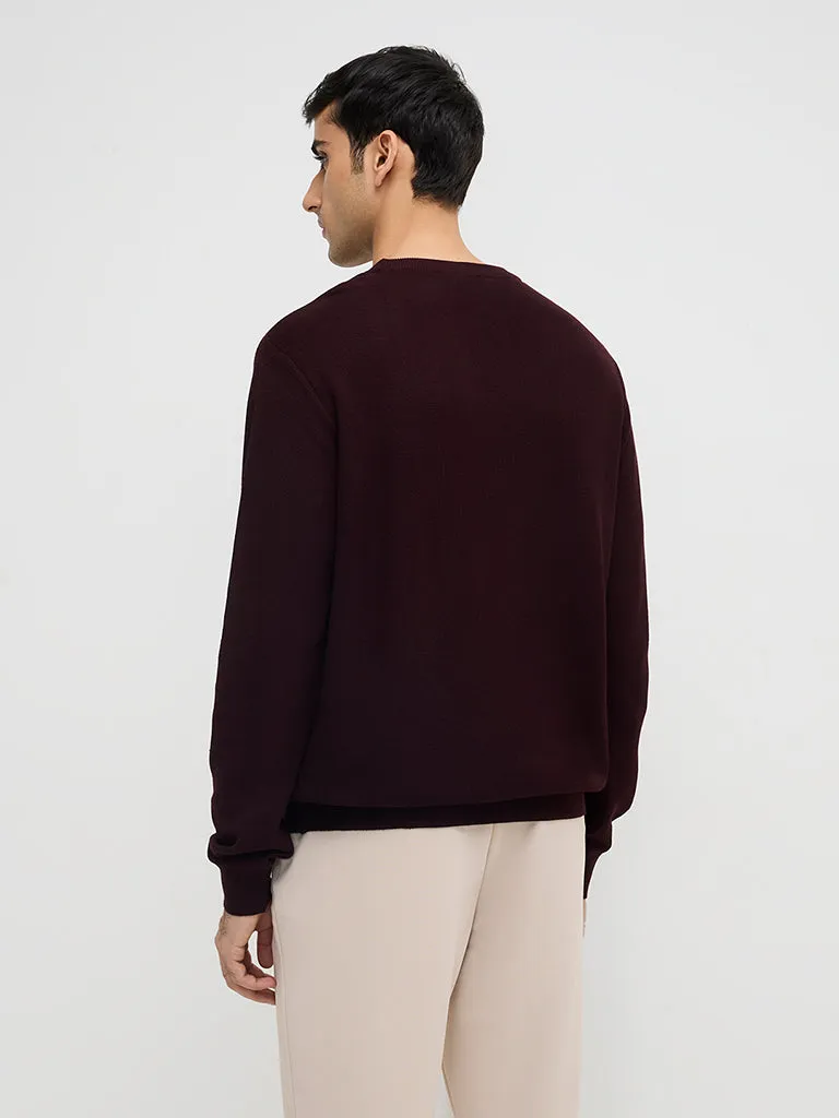 WES Formals Wine Solid Slim Fit Sweater