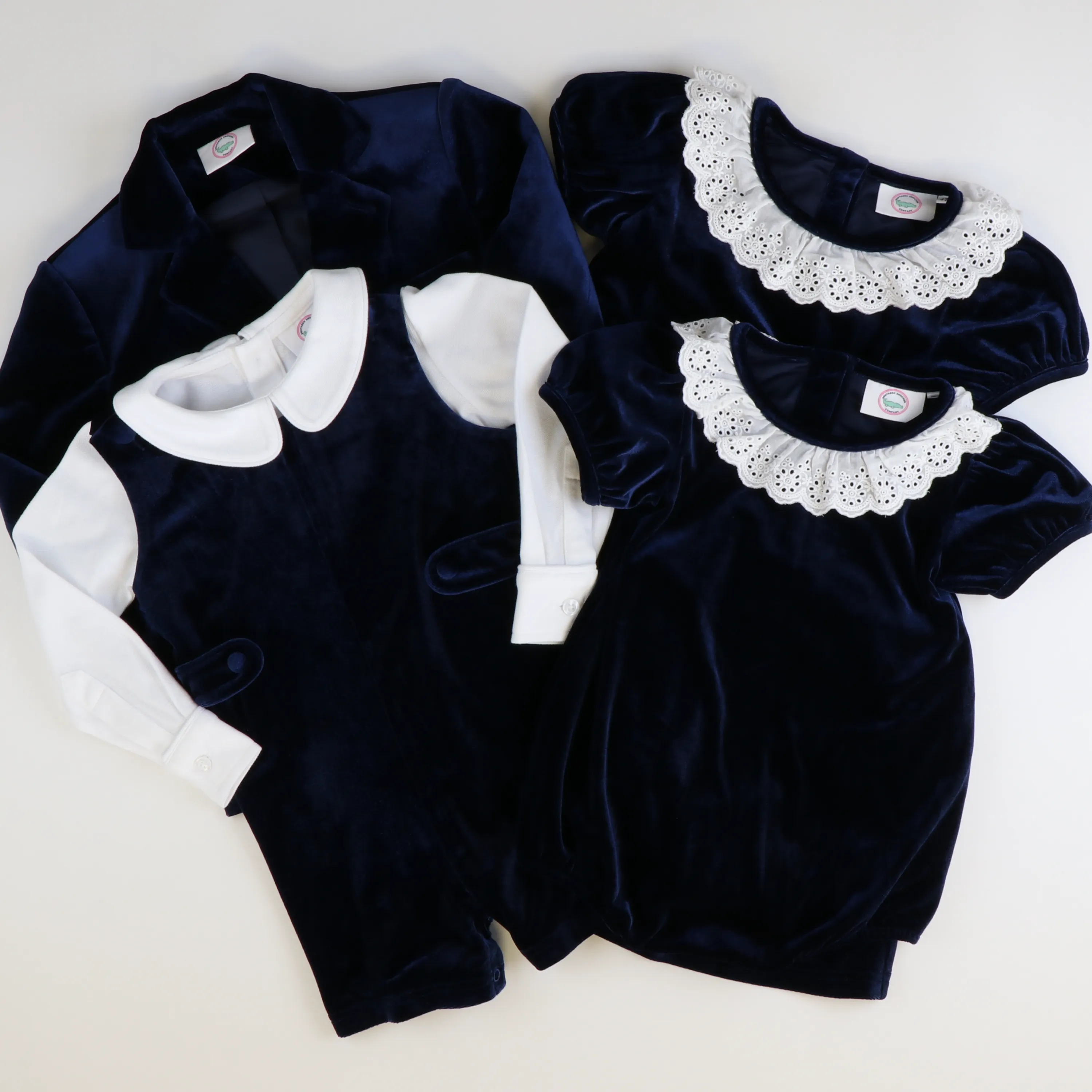 White Eyelet Ruffle Navy Blue Velvet Girl Bubble