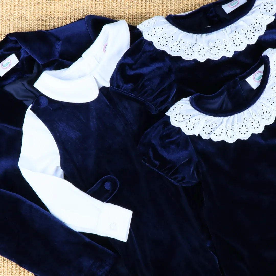 White Eyelet Ruffle Navy Blue Velvet Girl Bubble