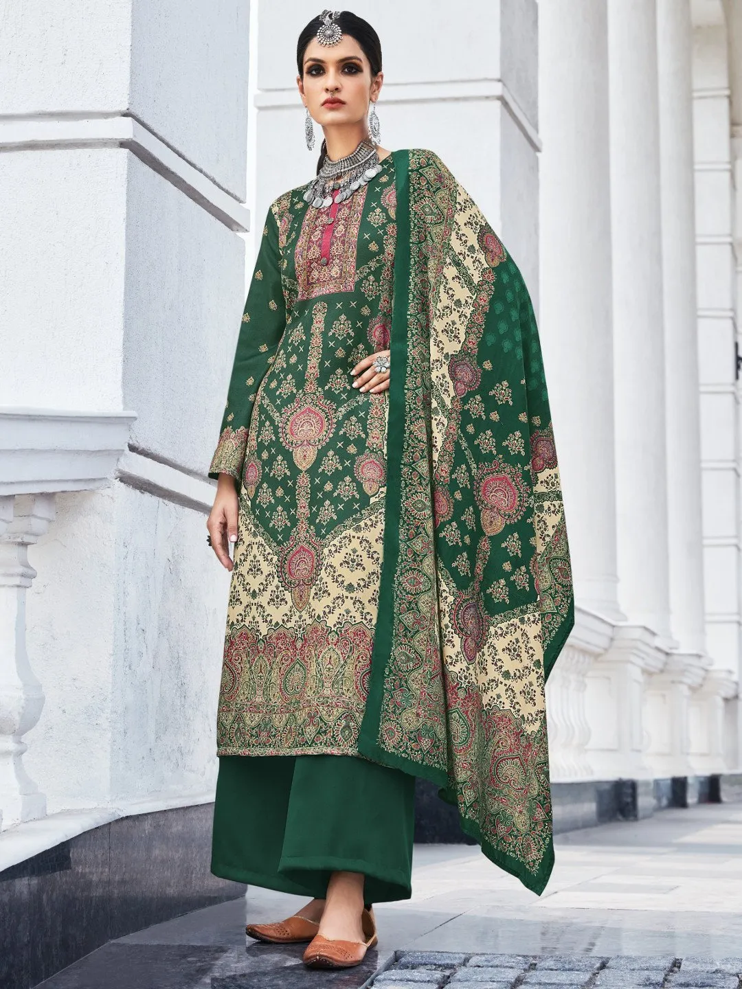 Woolen Pashmina Printed Unstitched Green Winter Suits