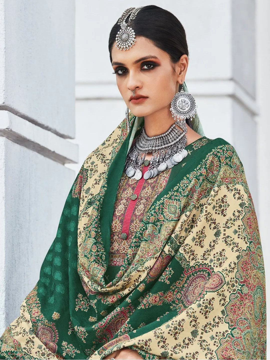 Woolen Pashmina Printed Unstitched Green Winter Suits