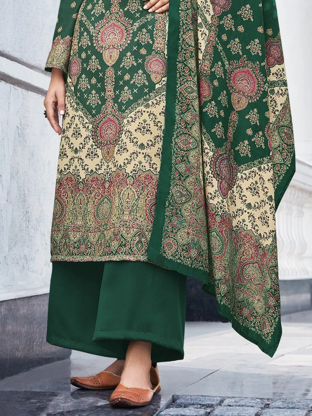 Woolen Pashmina Printed Unstitched Green Winter Suits