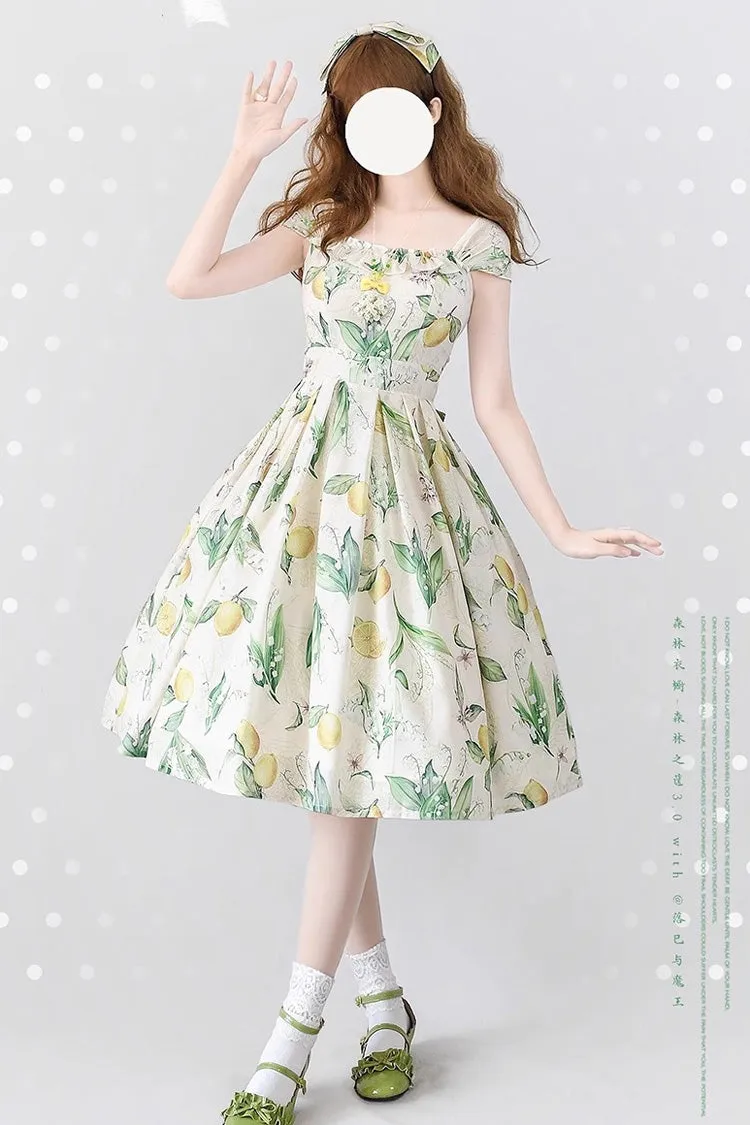 Yellow/Green [Forest Basket] Lemon Print Bowknot Chiffon Sweet Elegant Lolita Jsk Dress