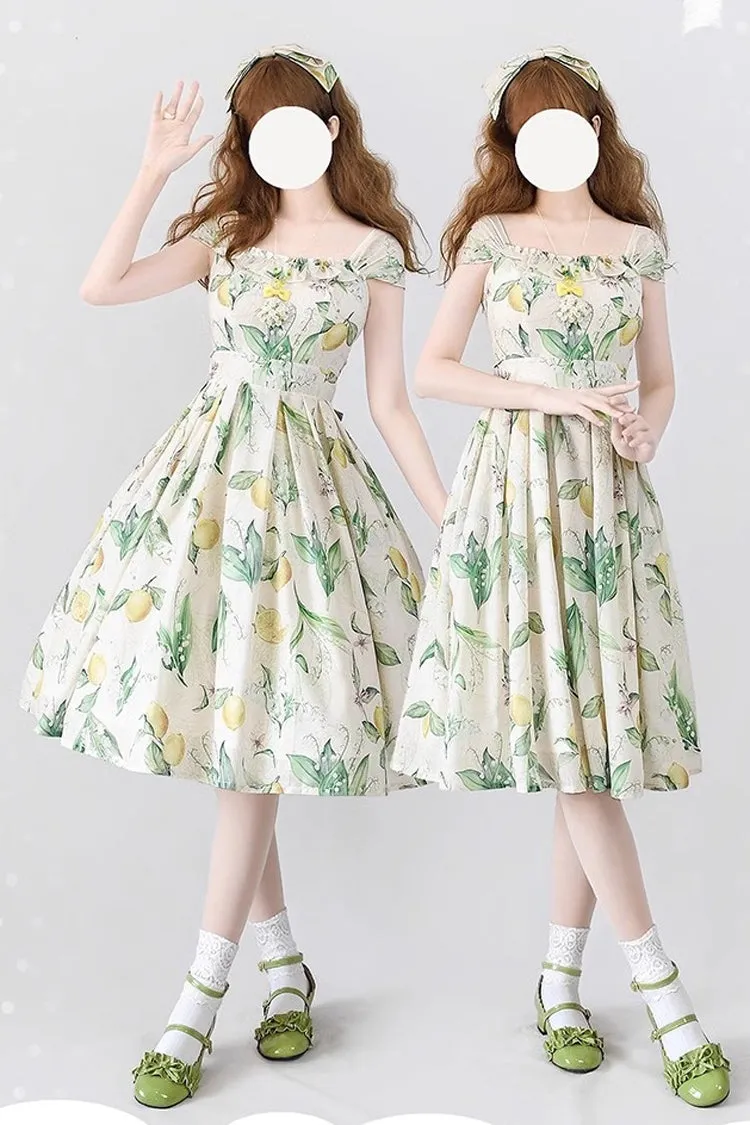 Yellow/Green [Forest Basket] Lemon Print Bowknot Chiffon Sweet Elegant Lolita Jsk Dress