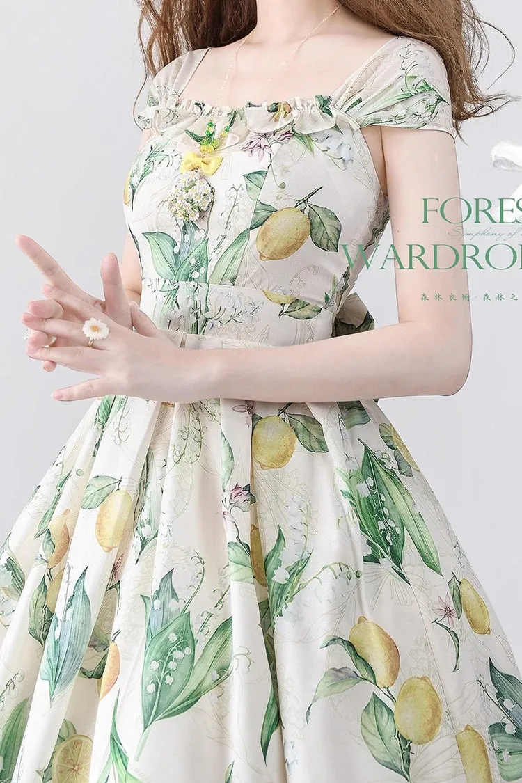 Yellow/Green [Forest Basket] Lemon Print Bowknot Chiffon Sweet Elegant Lolita Jsk Dress