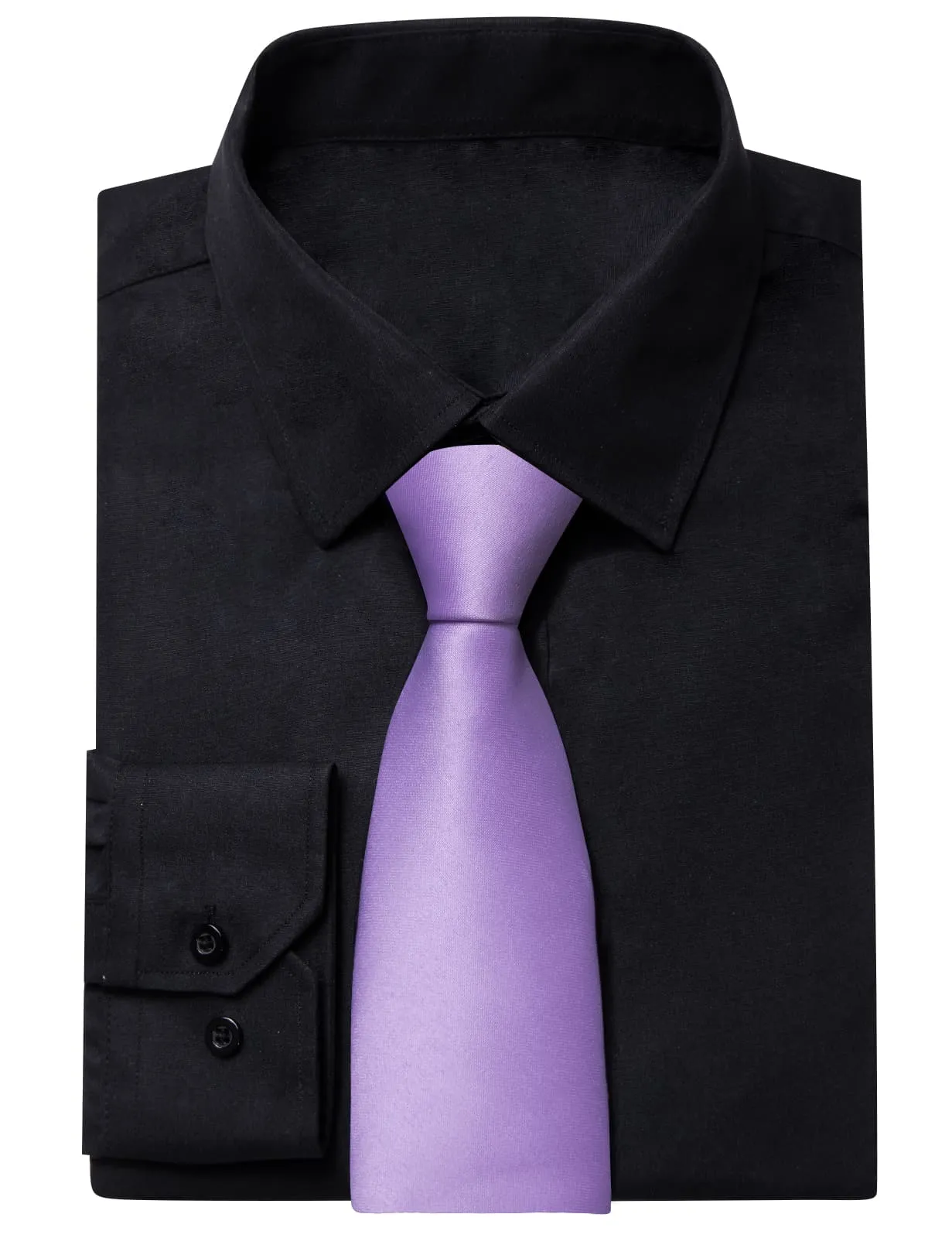 YourTies Black Solid Long Sleeve Shirt with Light Purple Solid Silk Tie for Men