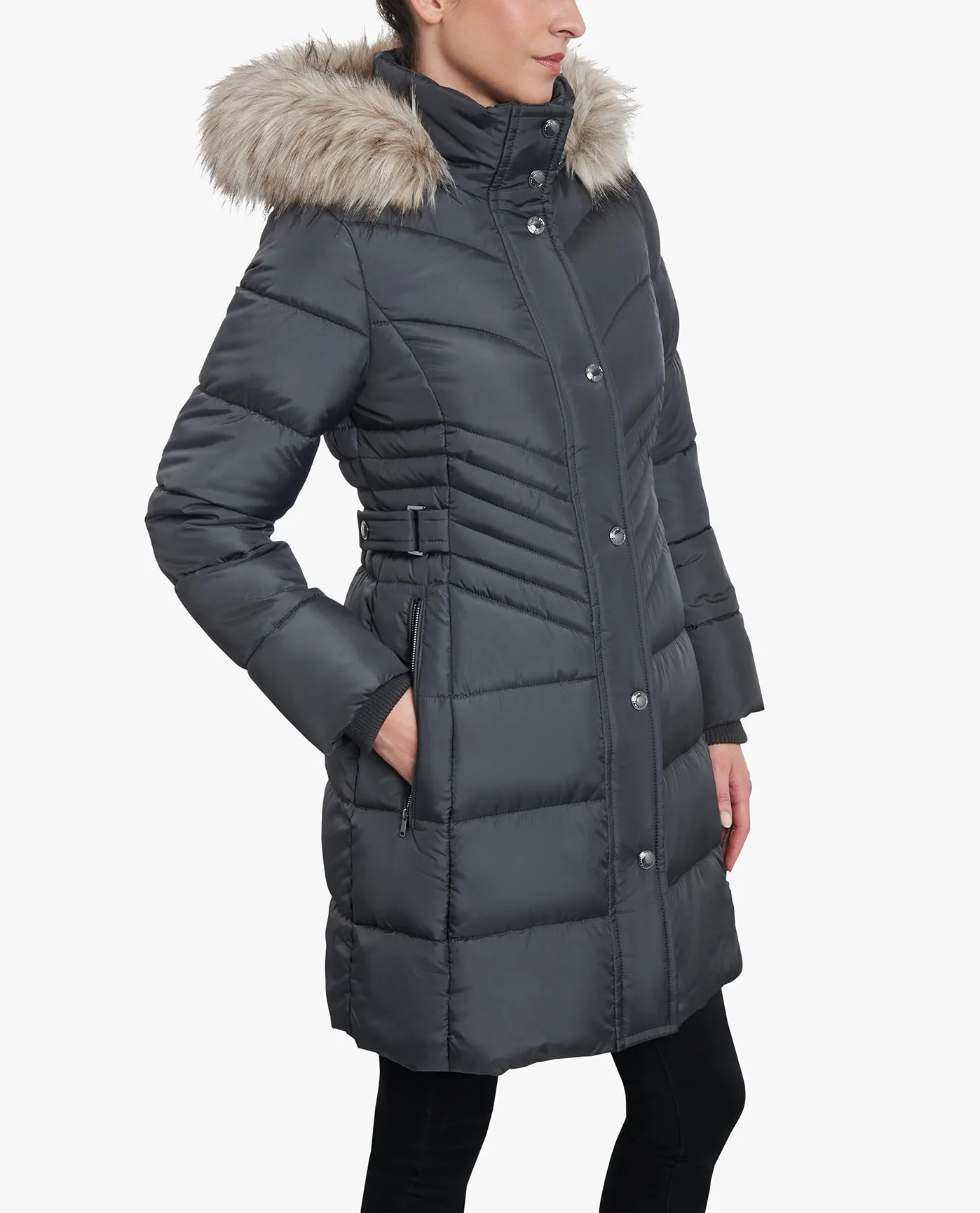 ZIP-FRONT LONG LENGTH PUFFER JACKET WITH ZIP-OFF FUR TRIM HOOD