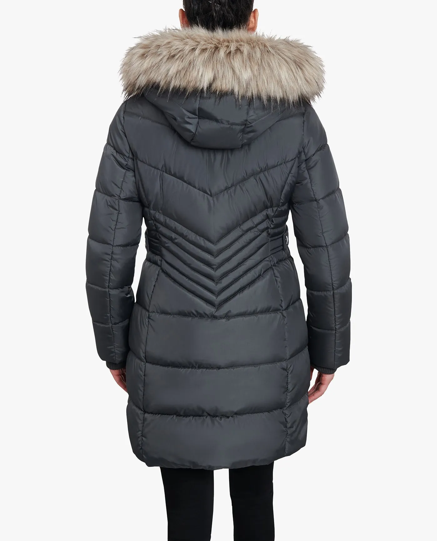 ZIP-FRONT LONG LENGTH PUFFER JACKET WITH ZIP-OFF FUR TRIM HOOD