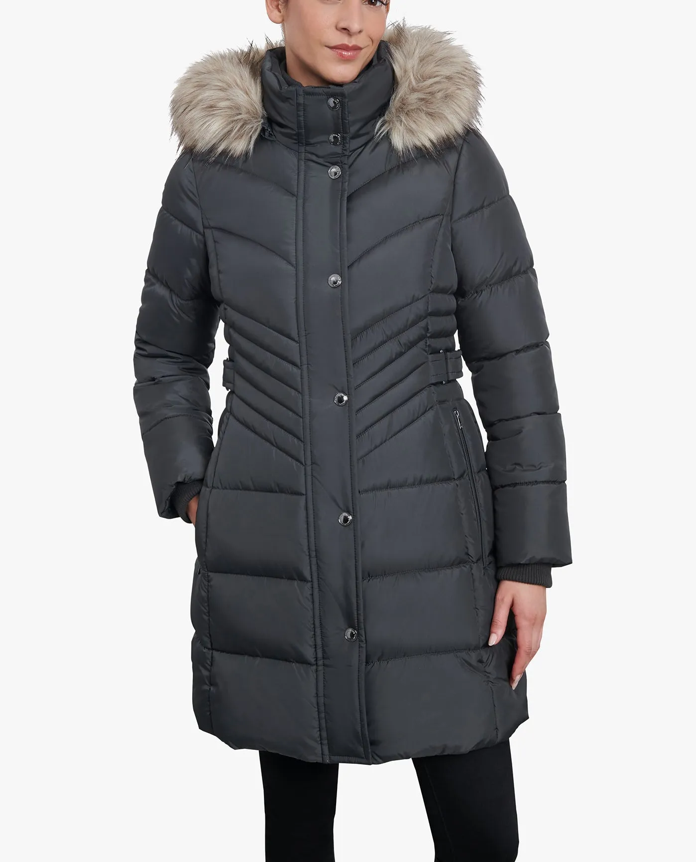 ZIP-FRONT LONG LENGTH PUFFER JACKET WITH ZIP-OFF FUR TRIM HOOD